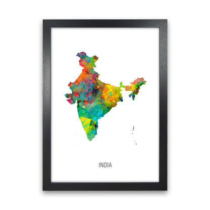 India Watercolour Map Art Print by Michael Tompsett Black Grain