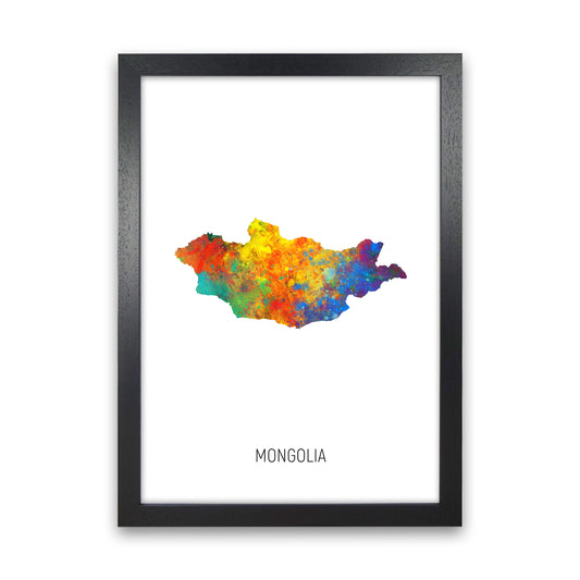 Mongolia Watercolour Map Art Print by Michael Tompsett Black Grain