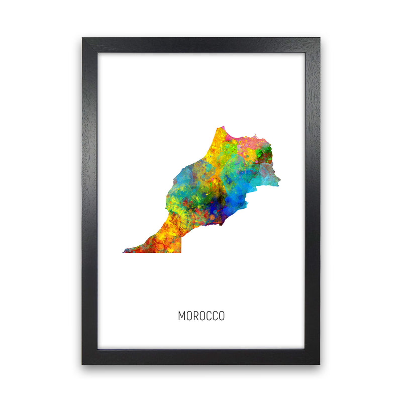 Morocco Watercolour Map Art Print by Michael Tompsett Black Grain