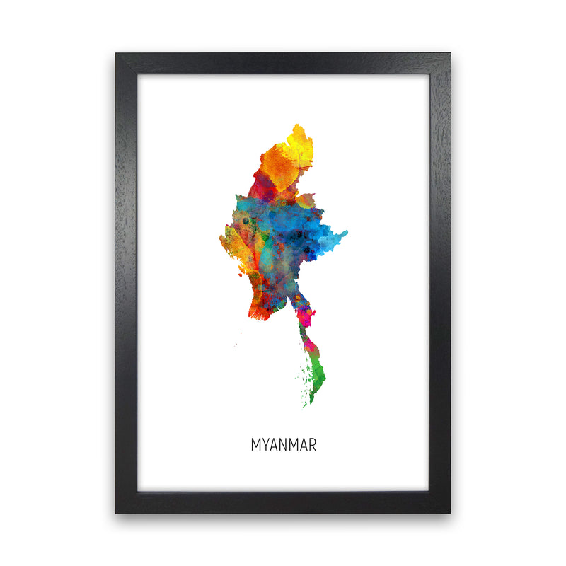 Myanmar Watercolour Map Art Print by Michael Tompsett Black Grain