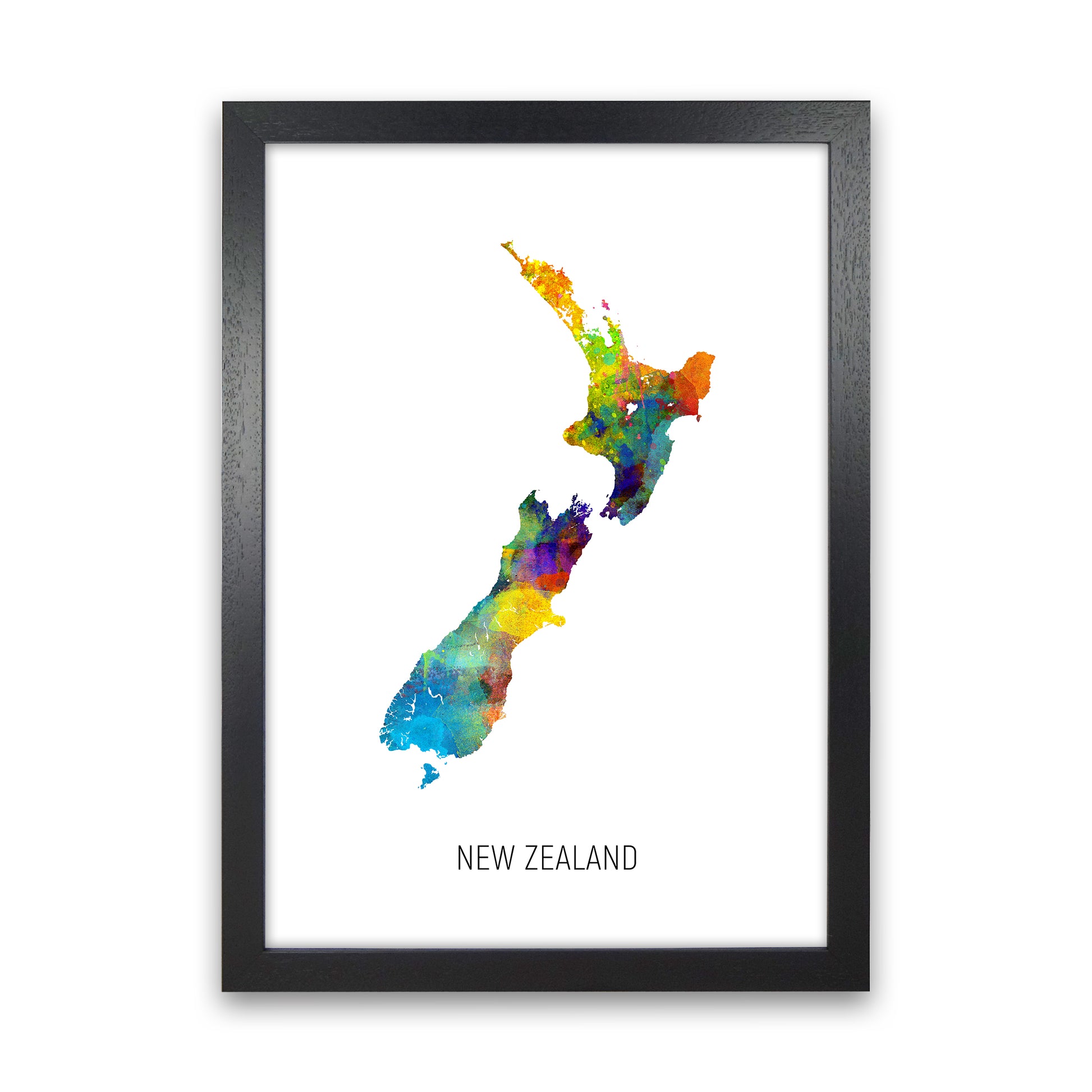 New Zealand Watercolour Map Art Print by Michael Tompsett Black Grain