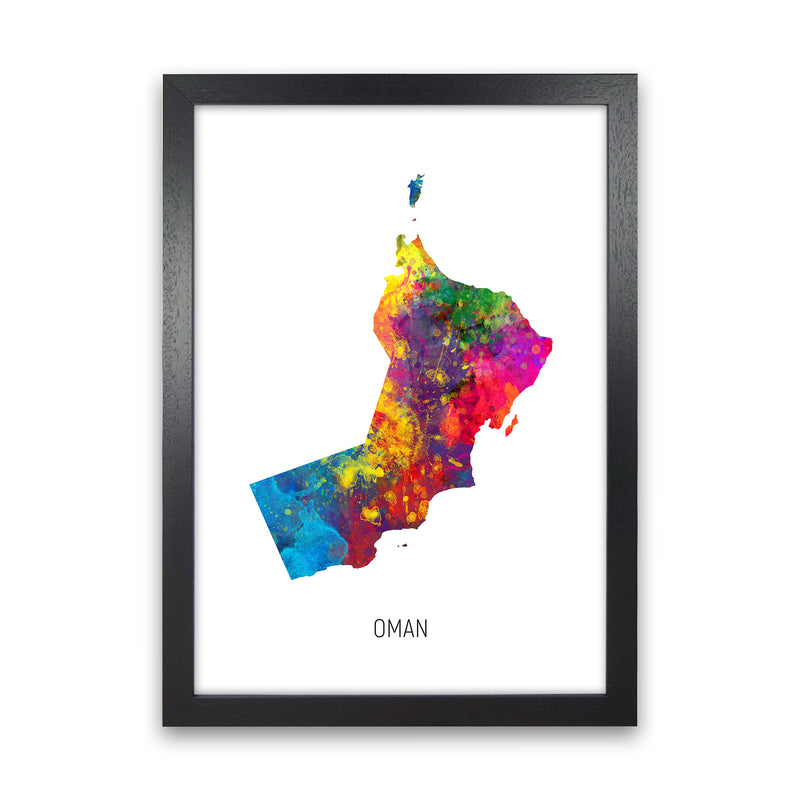 Oman Watercolour Map Art Print by Michael Tompsett Black Grain