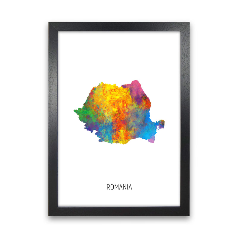 Romania Watercolour Map Art Print by Michael Tompsett Black Grain