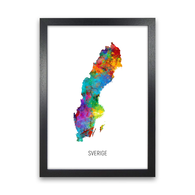 Sverige Watercolour Map Art Print by Michael Tompsett Black Grain