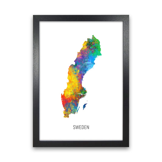 Sweden Watercolour Map Art Print by Michael Tompsett Black Grain