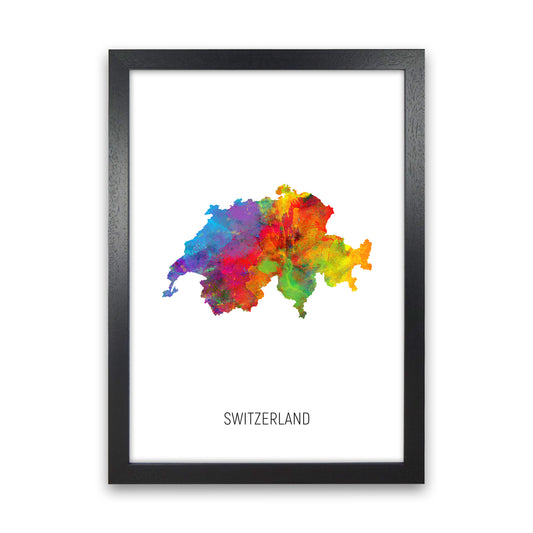 Switzerland Watercolour Map Art Print by Michael Tompsett Black Grain