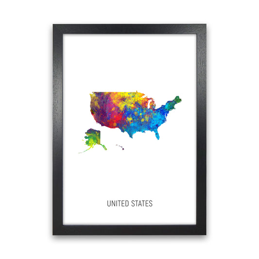 United States Watercolour Map Art Print by Michael Tompsett Black Grain