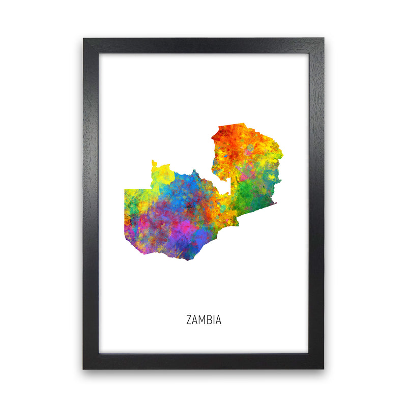 Zambia Watercolour Map Art Print by Michael Tompsett Black Grain