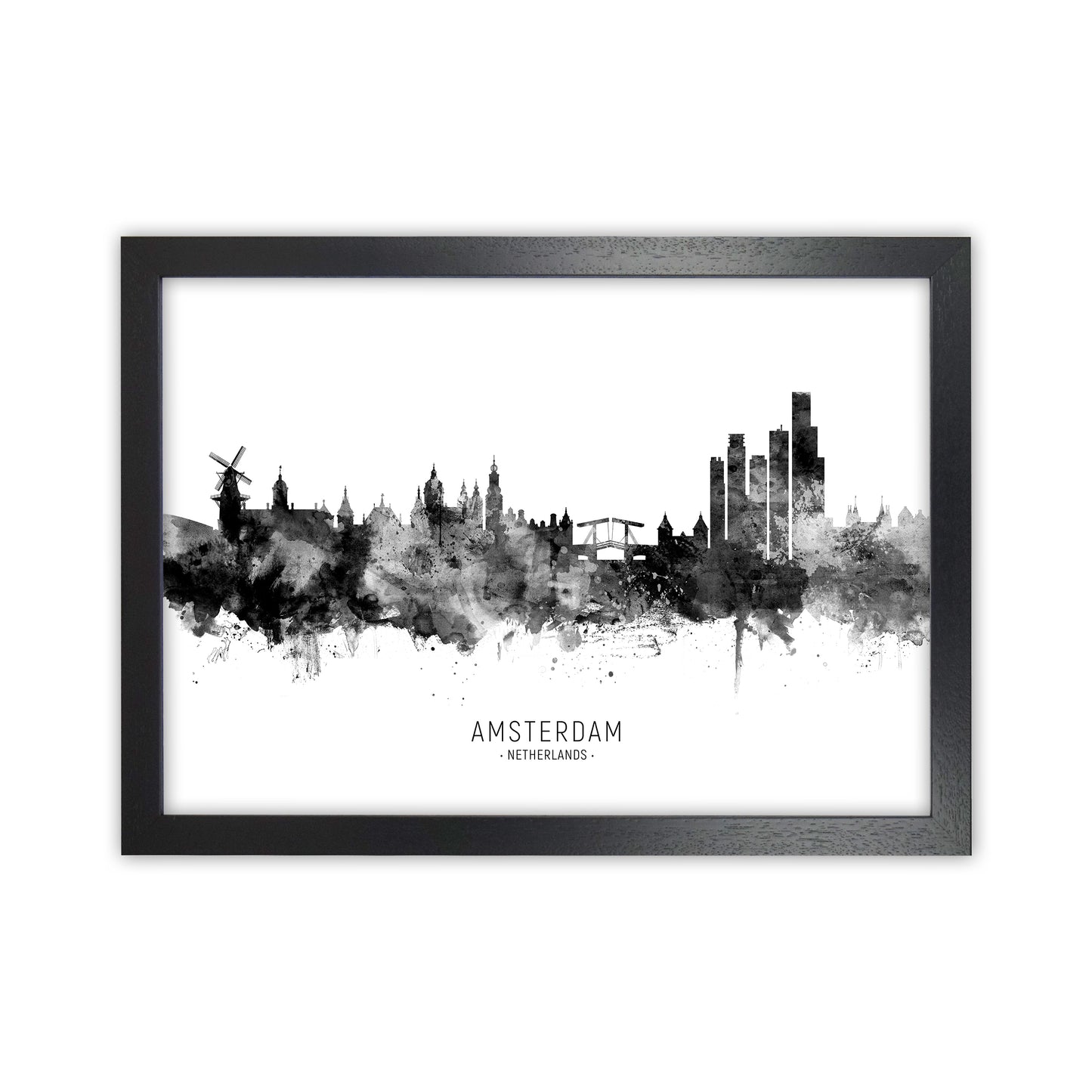 Amsterdam Netherlands Skyline Black White City Name  by Michael Tompsett Black Grain