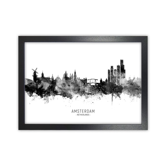 Amsterdam Netherlands Skyline Black White City Name  by Michael Tompsett Black Grain