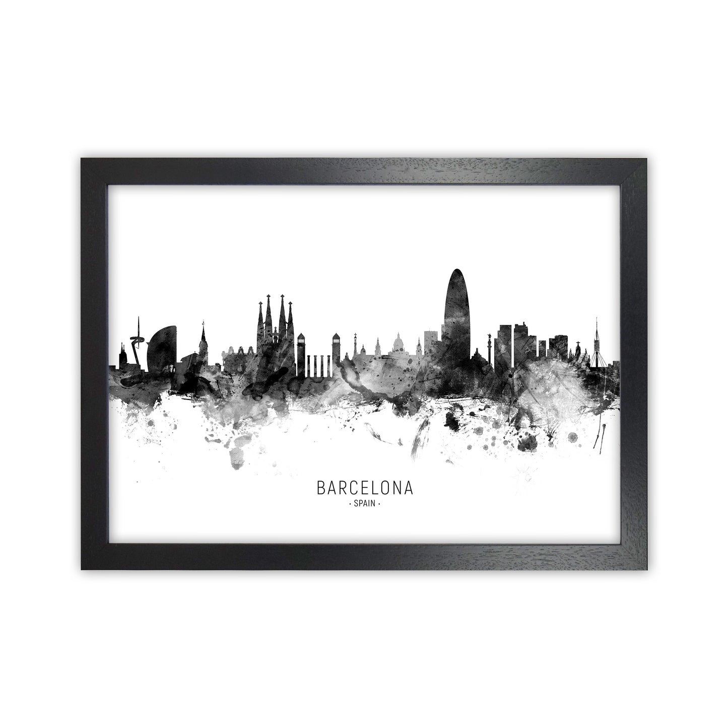 Barcelona Spain Skyline Black White City Name  by Michael Tompsett Black Grain