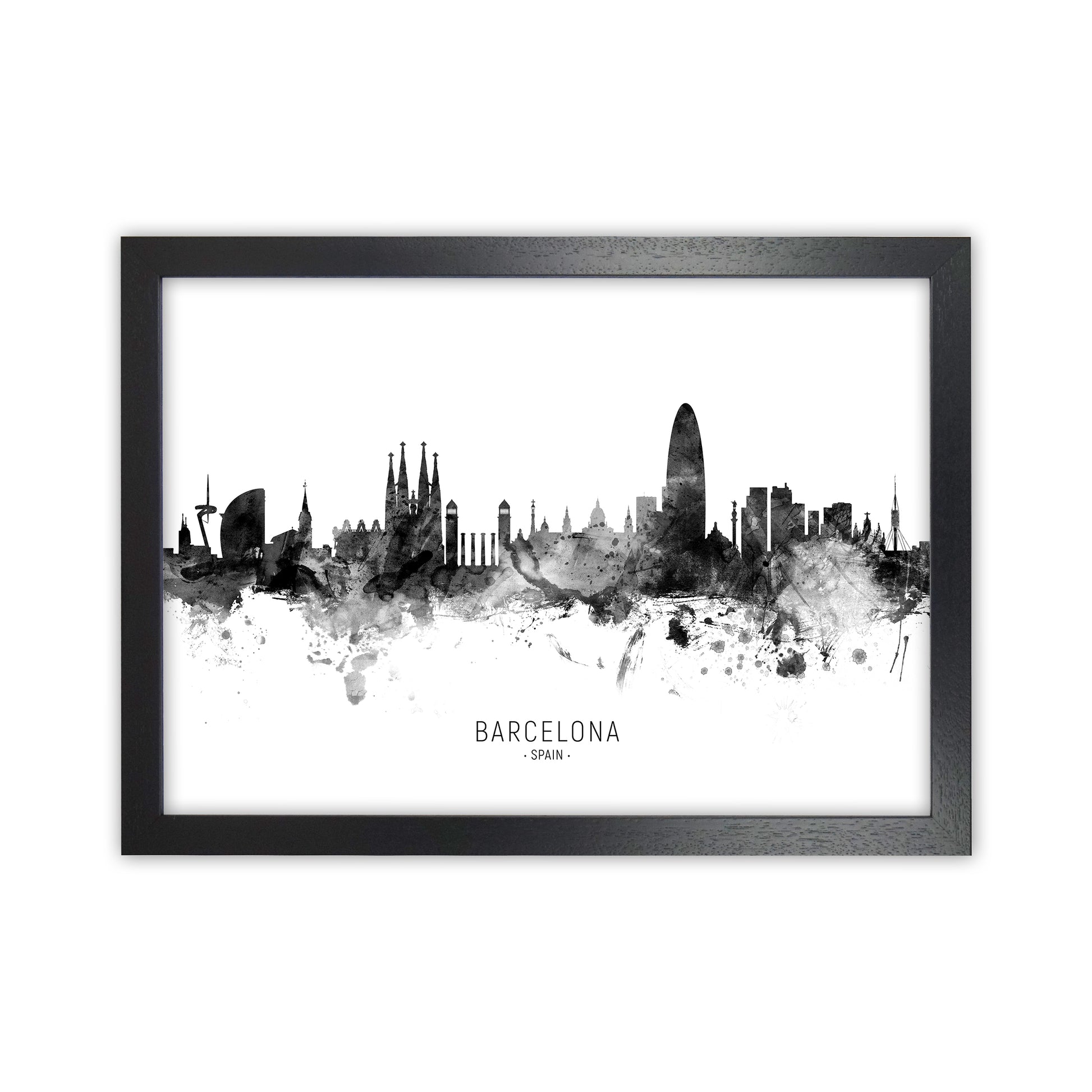 Barcelona Spain Skyline Black White City Name  by Michael Tompsett Black Grain