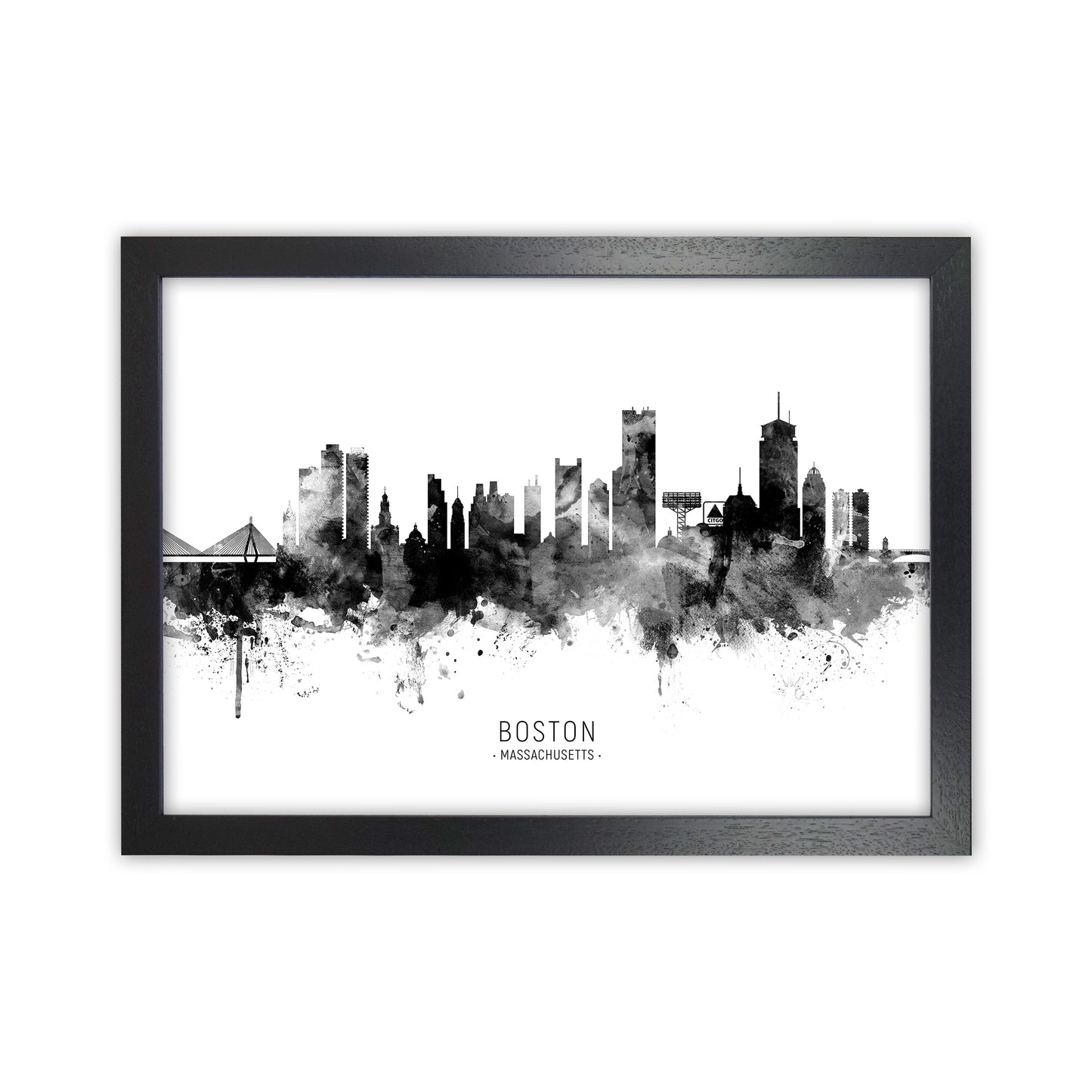 Boston Massachusetts Skyline Black White City Name  by Michael Tompsett Black Grain
