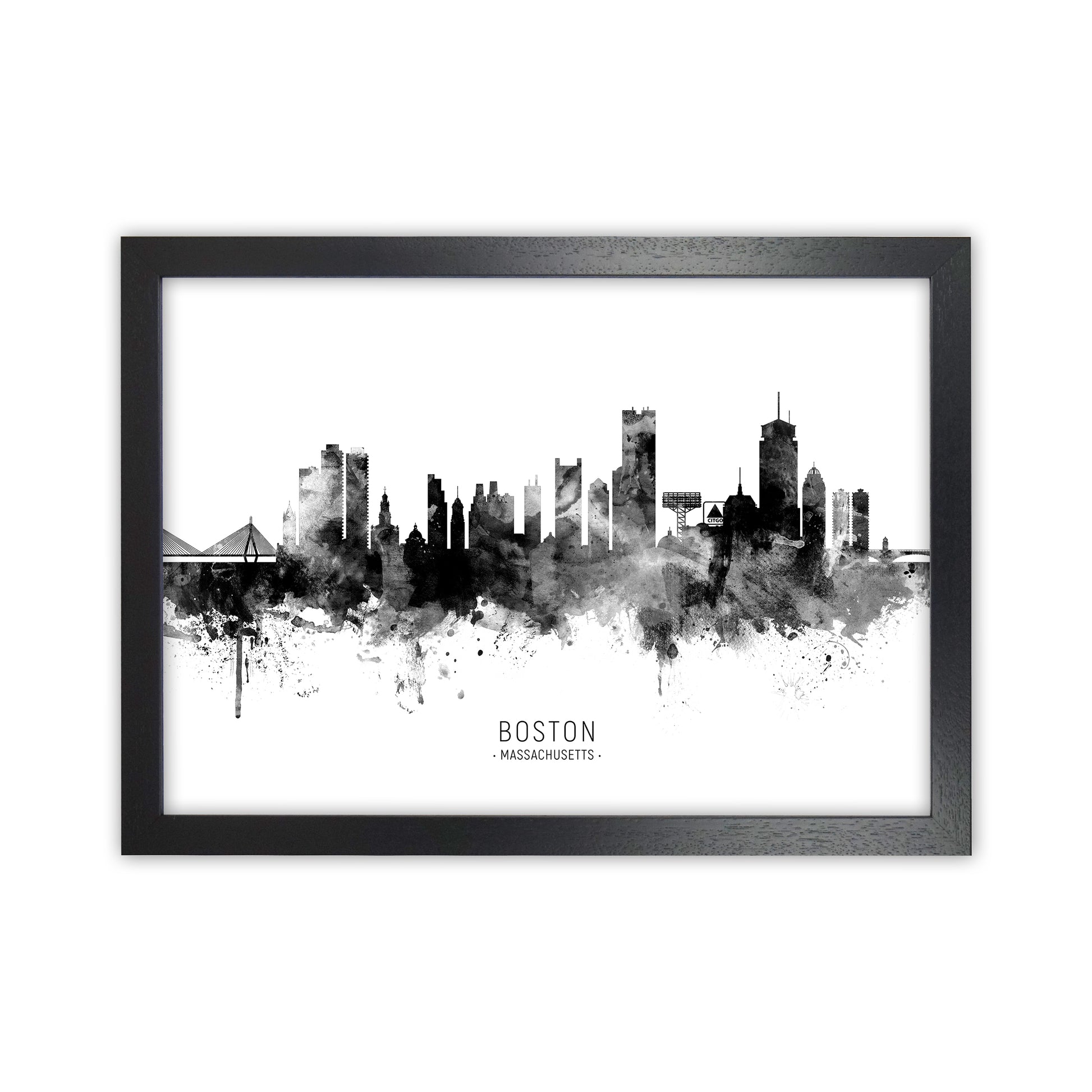 Boston Massachusetts Skyline Black White City Name  by Michael Tompsett Black Grain