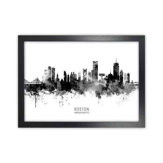 Boston Massachusetts Skyline Black White City Name  by Michael Tompsett Black Grain