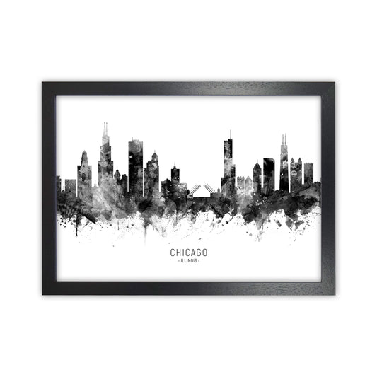 Chicago Illinois Skyline Black White City Name  by Michael Tompsett Black Grain