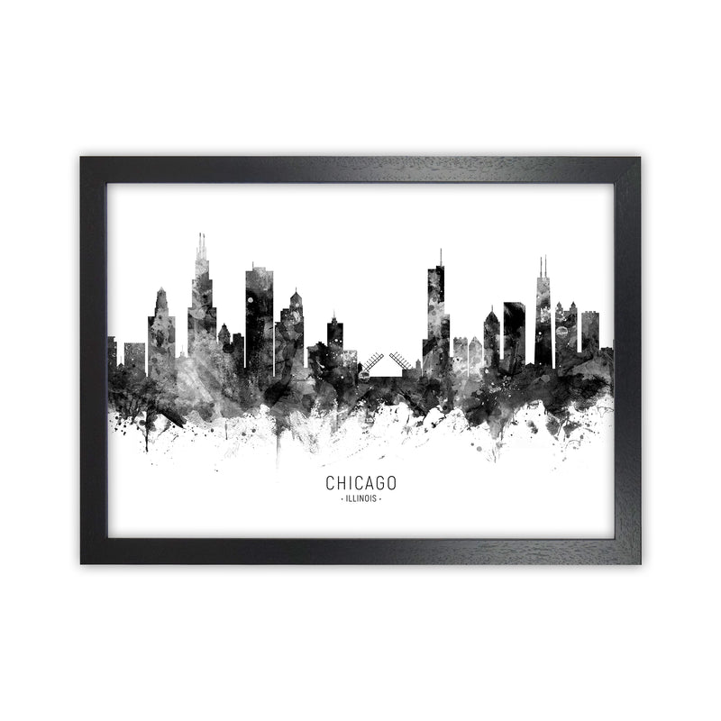 Chicago Illinois Skyline Black White City Name  by Michael Tompsett Black Grain