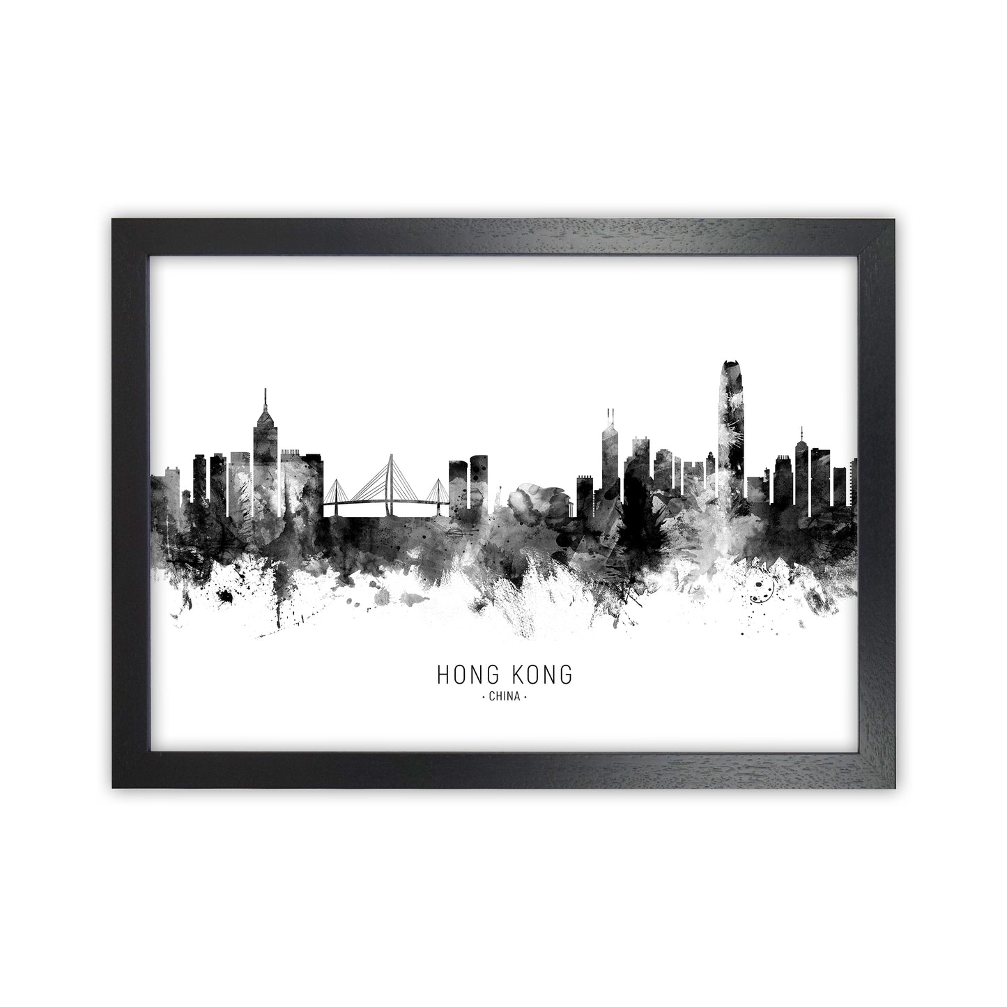 Hong Kong China Skyline Black White City Name  by Michael Tompsett Black Grain