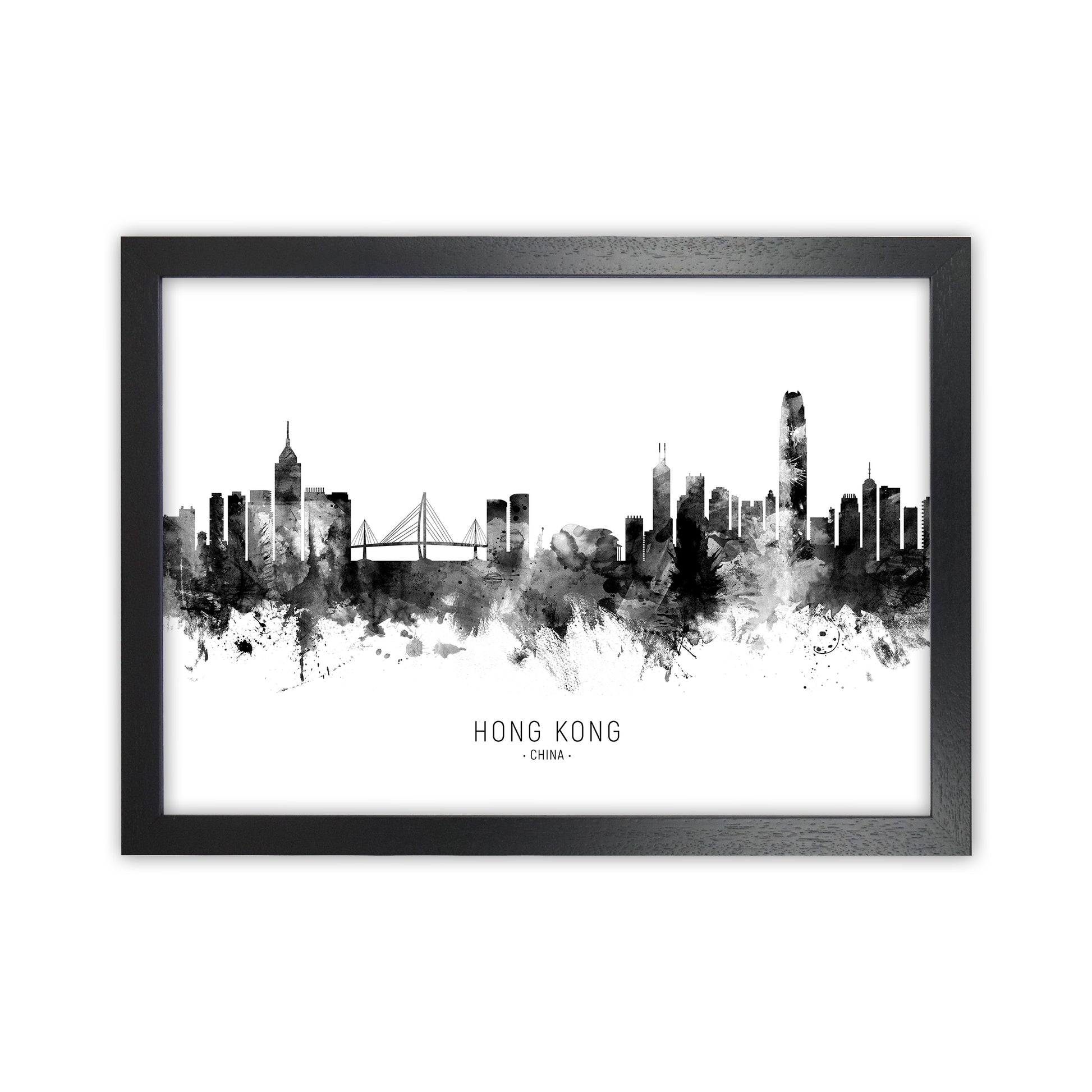 Hong Kong China Skyline Black White City Name  by Michael Tompsett Black Grain