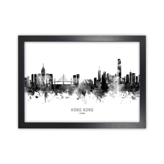 Hong Kong China Skyline Black White City Name  by Michael Tompsett Black Grain