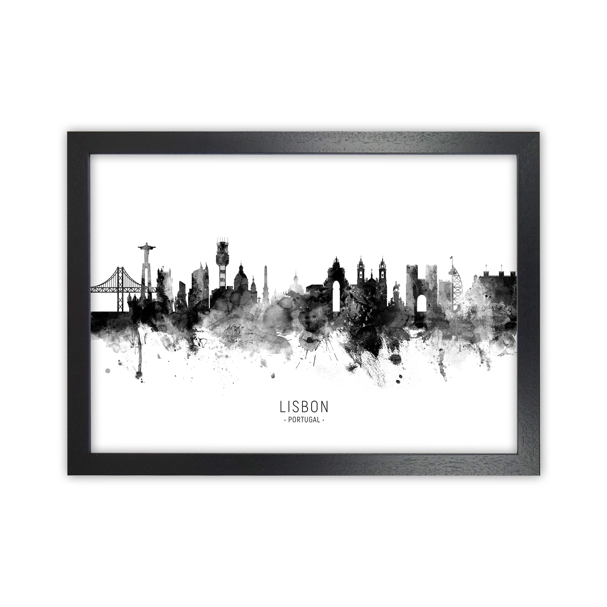 Lisbon Portugal Skyline Black White City Name  by Michael Tompsett Black Grain