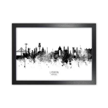 Lisbon Portugal Skyline Black White City Name  by Michael Tompsett Black Grain