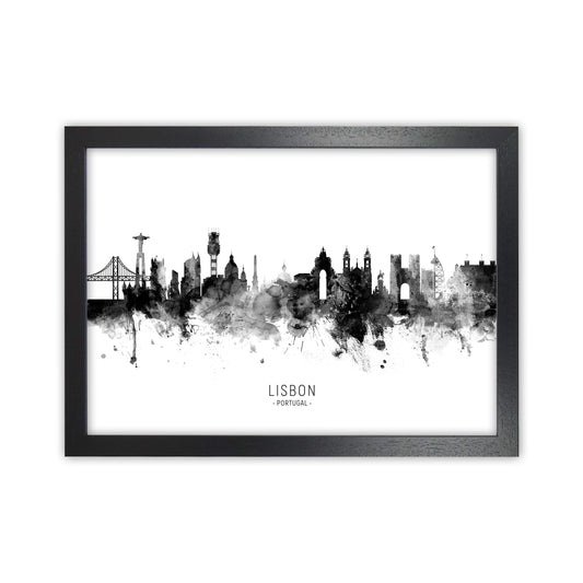 Lisbon Portugal Skyline Black White City Name  by Michael Tompsett Black Grain