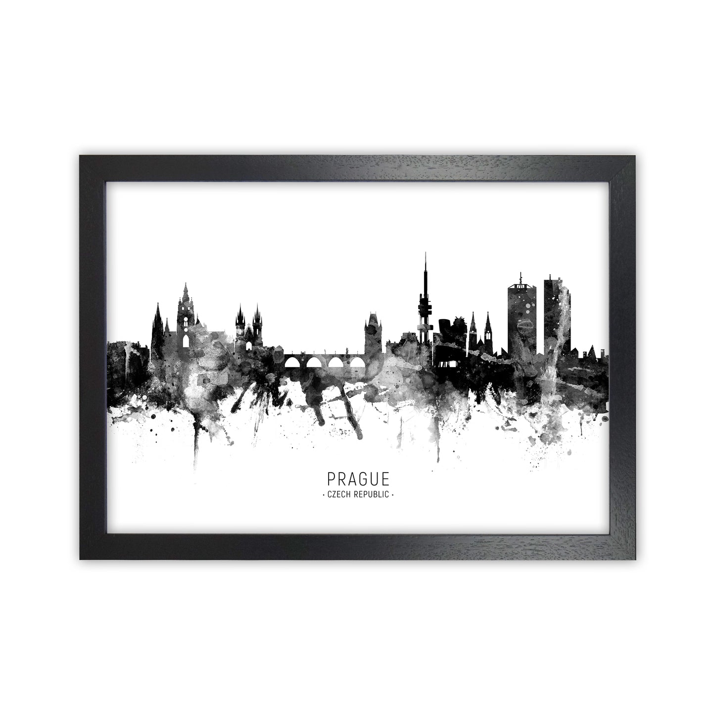 Prague Czech Republic Skyline Black White City Name  by Michael Tompsett Black Grain