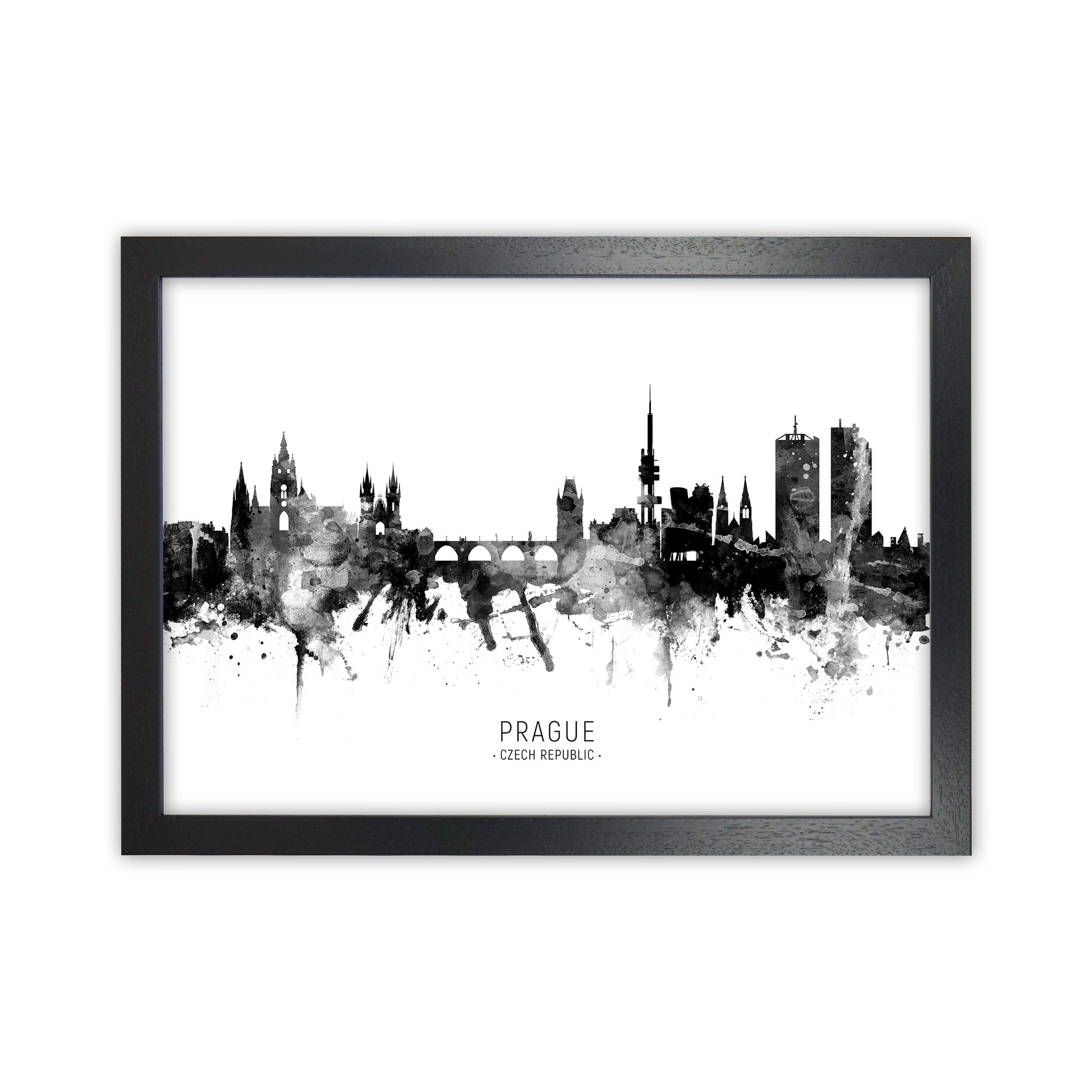 Prague Czech Republic Skyline Black White City Name  by Michael Tompsett Black Grain