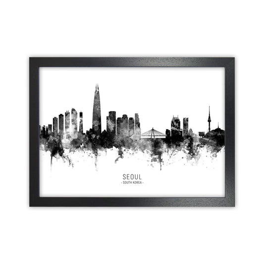 Seoul South Korea Skyline Black White City Name  by Michael Tompsett Black Grain