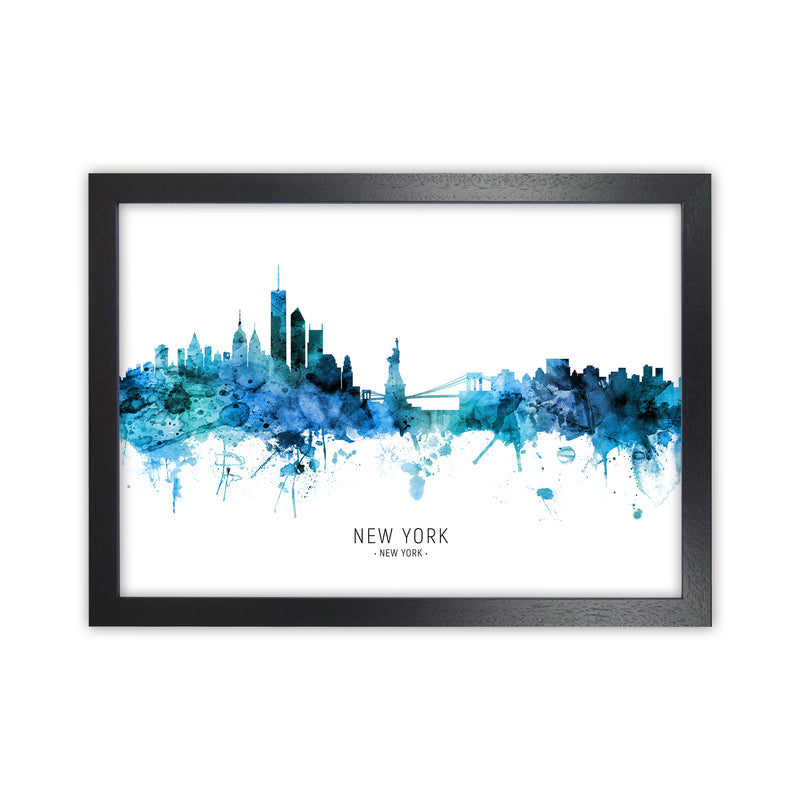 New York New York Skyline Blue City Name  by Michael Tompsett Black Grain