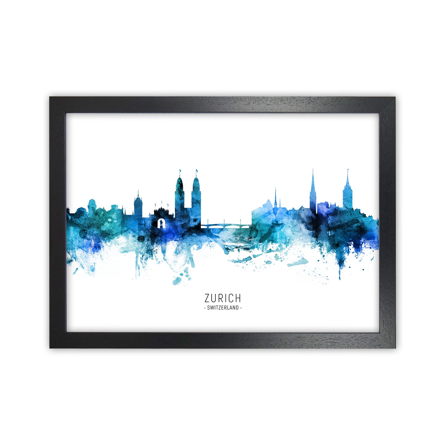 Zurich Switzerland Skyline Blue City Name  by Michael Tompsett Black Grain