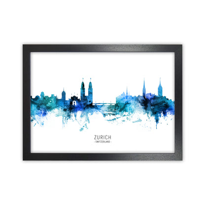 Zurich Switzerland Skyline Blue City Name  by Michael Tompsett Black Grain