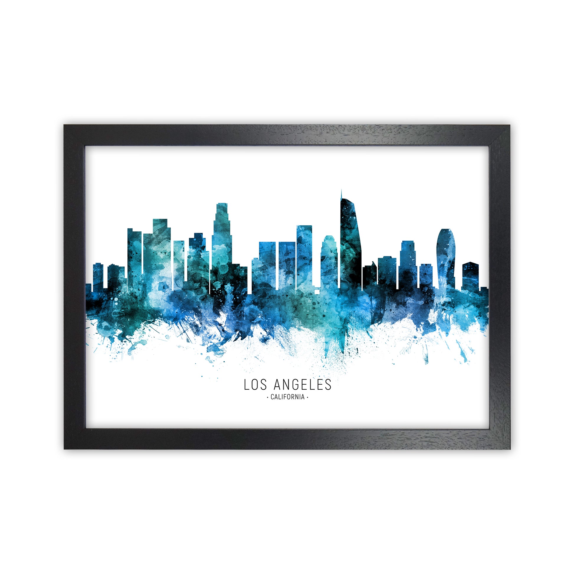 Los Angeles California Skyline Blue City Name  by Michael Tompsett Black Grain