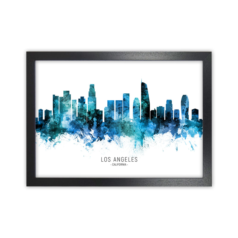 Los Angeles California Skyline Blue City Name  by Michael Tompsett Black Grain