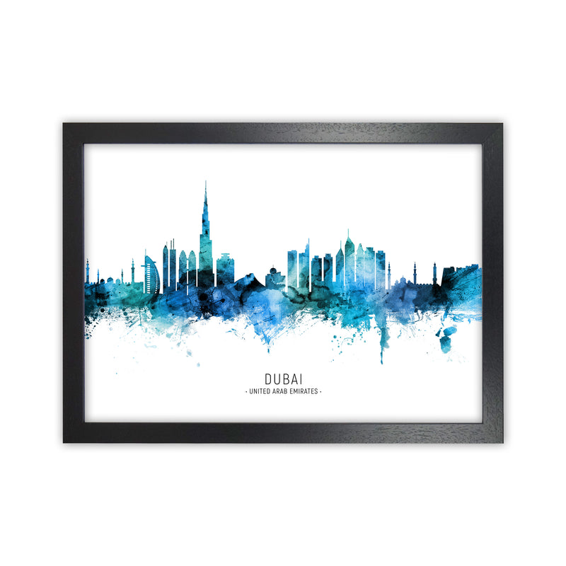 Dubai United Arab Emirates Skyline Blue City Name  by Michael Tompsett Black Grain