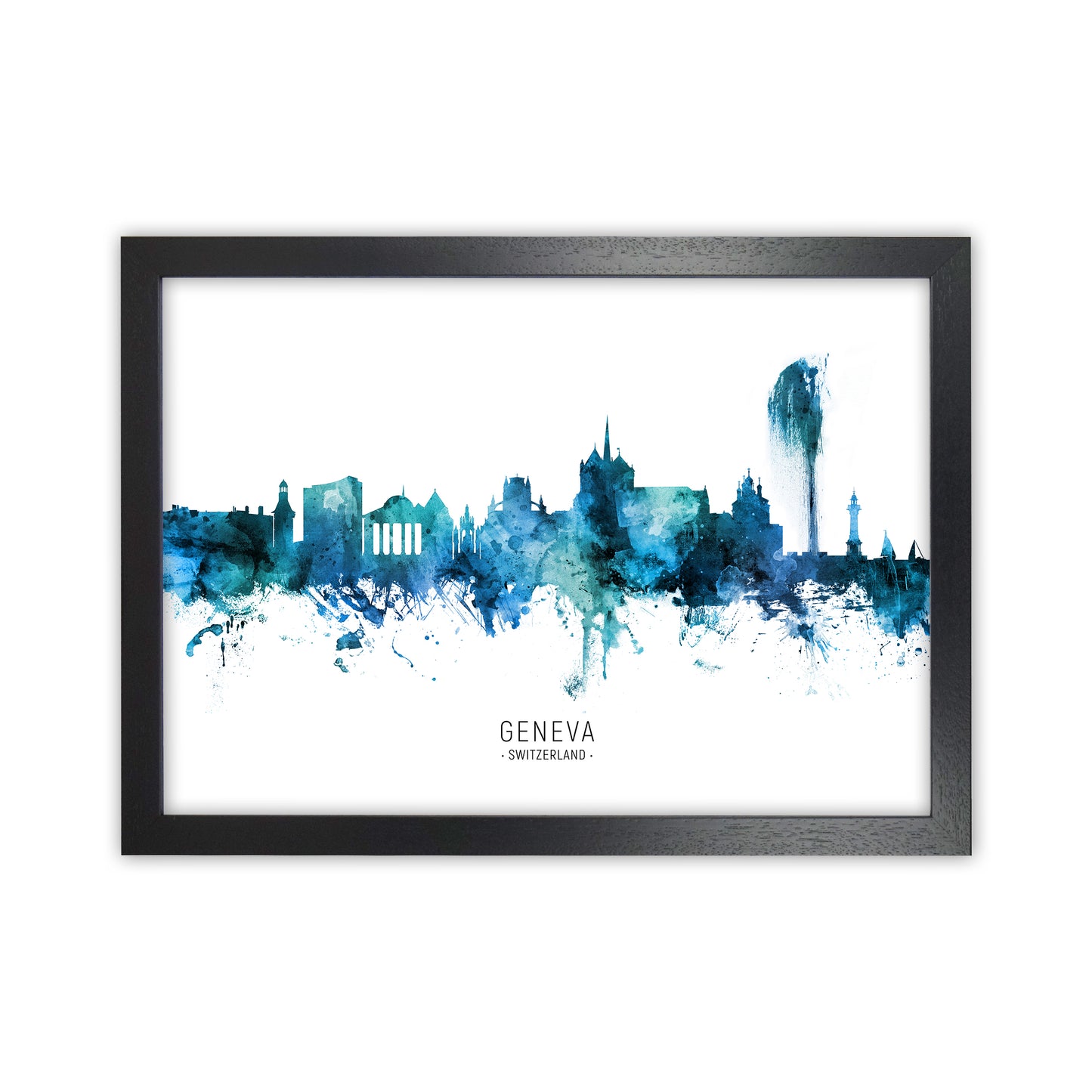 Geneva Switzerland Skyline Blue City Name  by Michael Tompsett Black Grain
