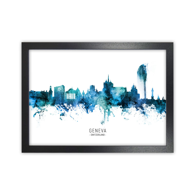 Geneva Switzerland Skyline Blue City Name  by Michael Tompsett Black Grain