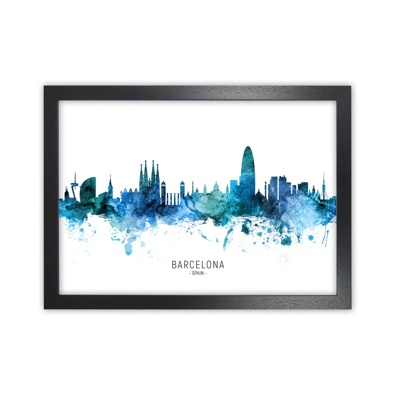 Barcelona Spain Skyline Blue City Name  by Michael Tompsett Black Grain