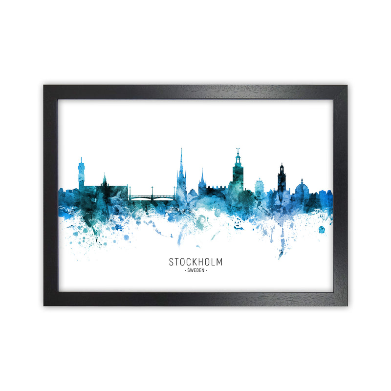 Stockholm Sweden Skyline Blue City Name  by Michael Tompsett Black Grain