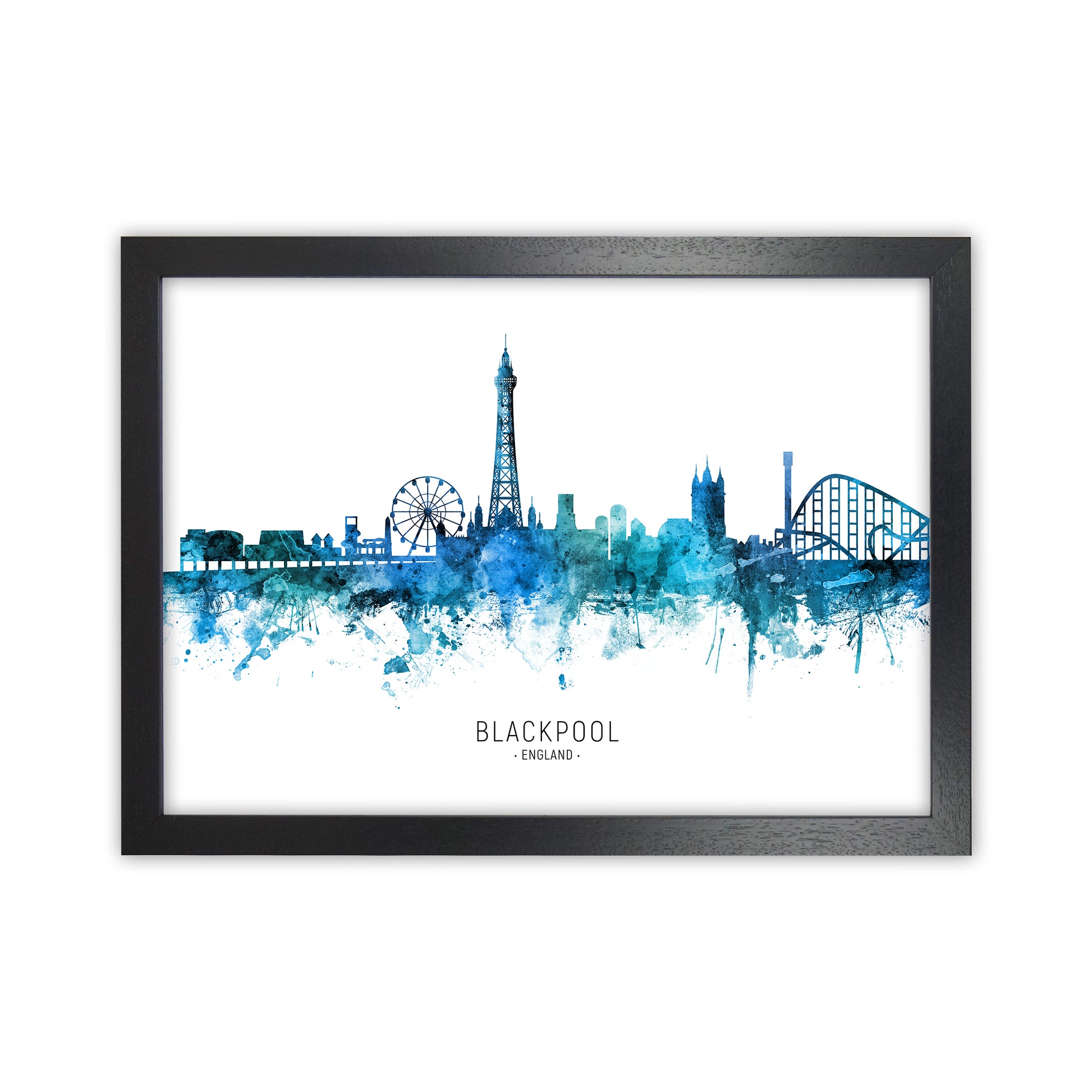 Blackpool England Skyline Blue City Name  by Michael Tompsett Black Grain