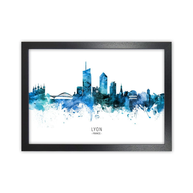 Lyon France Skyline Blue City Name Print by Michael Tompsett Black Grain