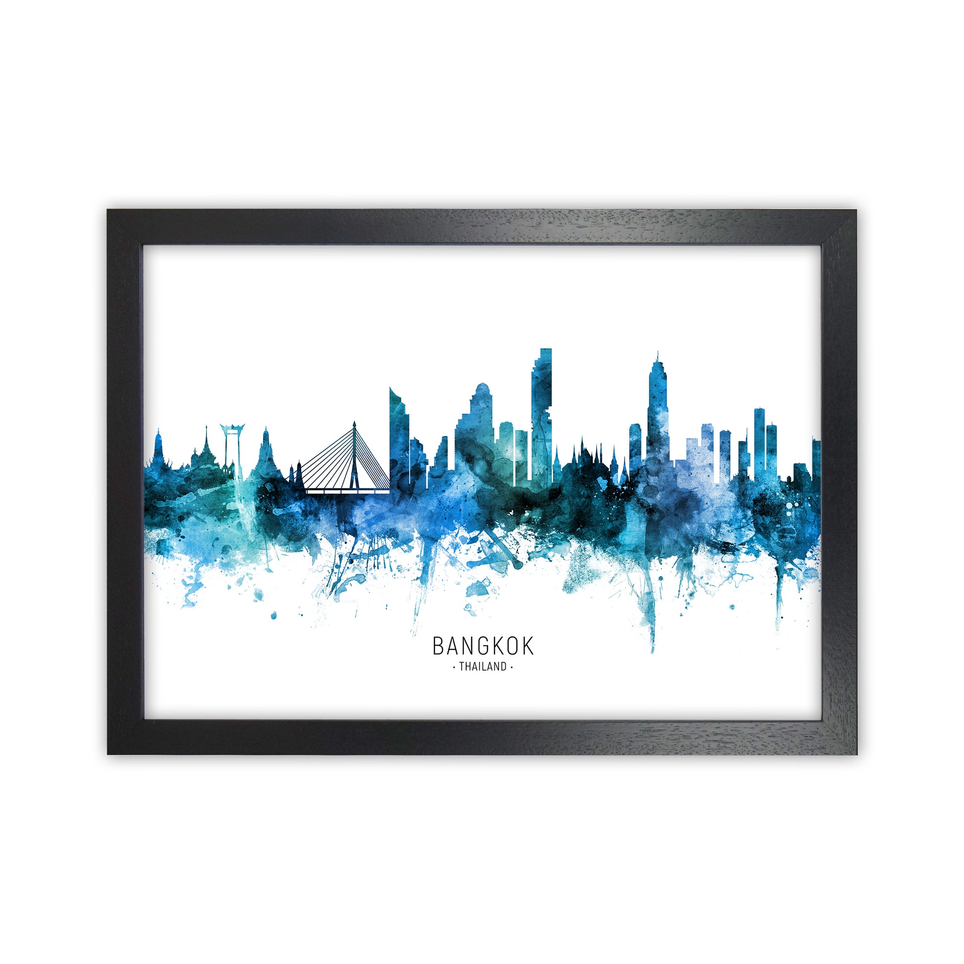 Bangkok Thailand Skyline Blue City Name  by Michael Tompsett Black Grain