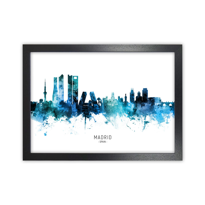 Madrid Spain Skyline Blue City Name Print by Michael Tompsett Black Grain