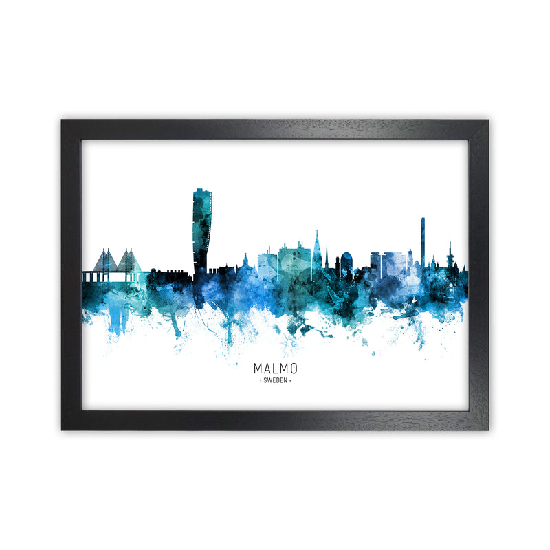 Malmo Sweden Skyline Blue City Name Print by Michael Tompsett Black Grain