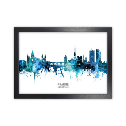 Prague Czech Republic Skyline Blue City Name  by Michael Tompsett Black Grain
