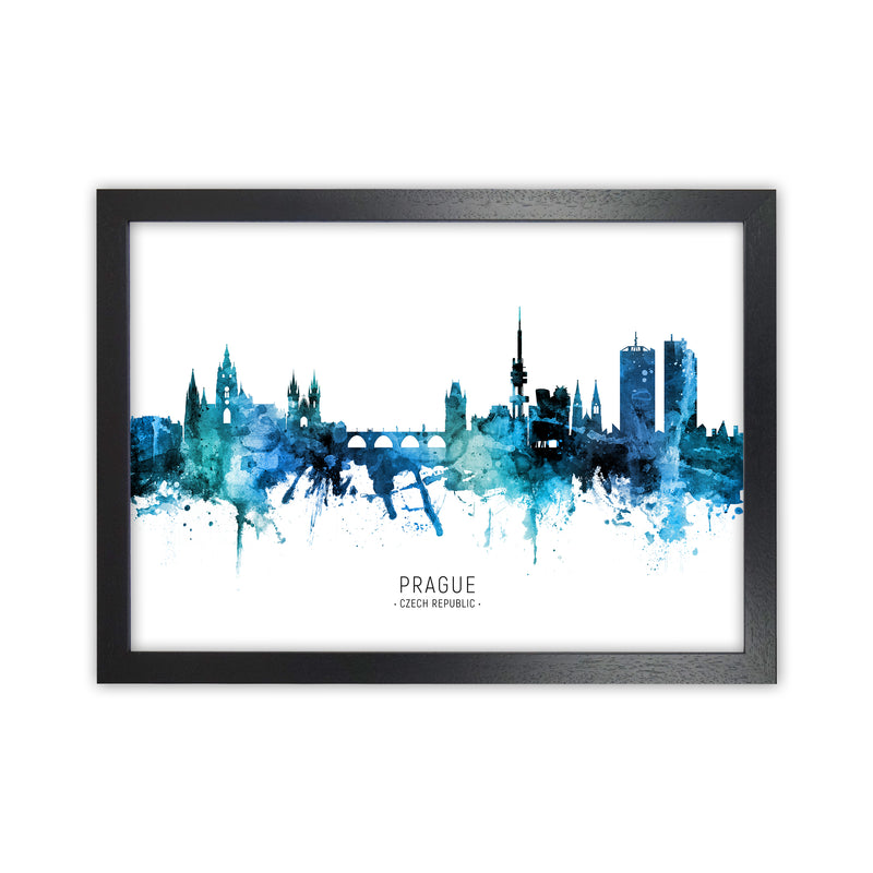 Prague Czech Republic Skyline Blue City Name  by Michael Tompsett Black Grain