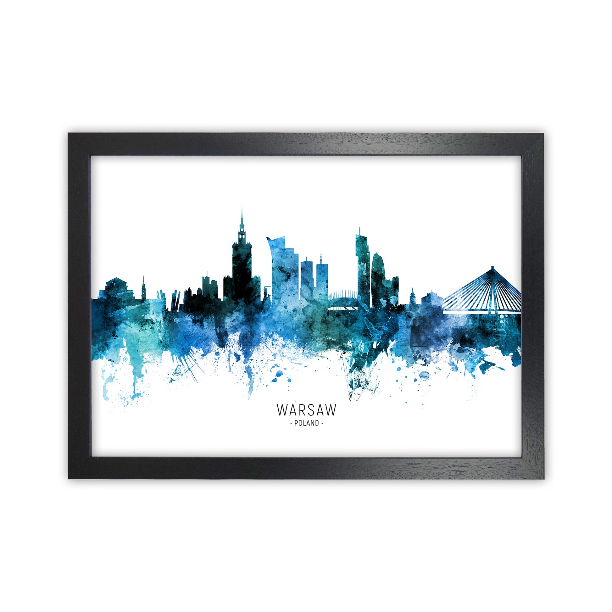 Warsaw Poland Skyline Blue City Name  by Michael Tompsett Black Grain