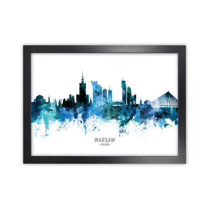 Warsaw Poland Skyline Blue City Name  by Michael Tompsett Black Grain