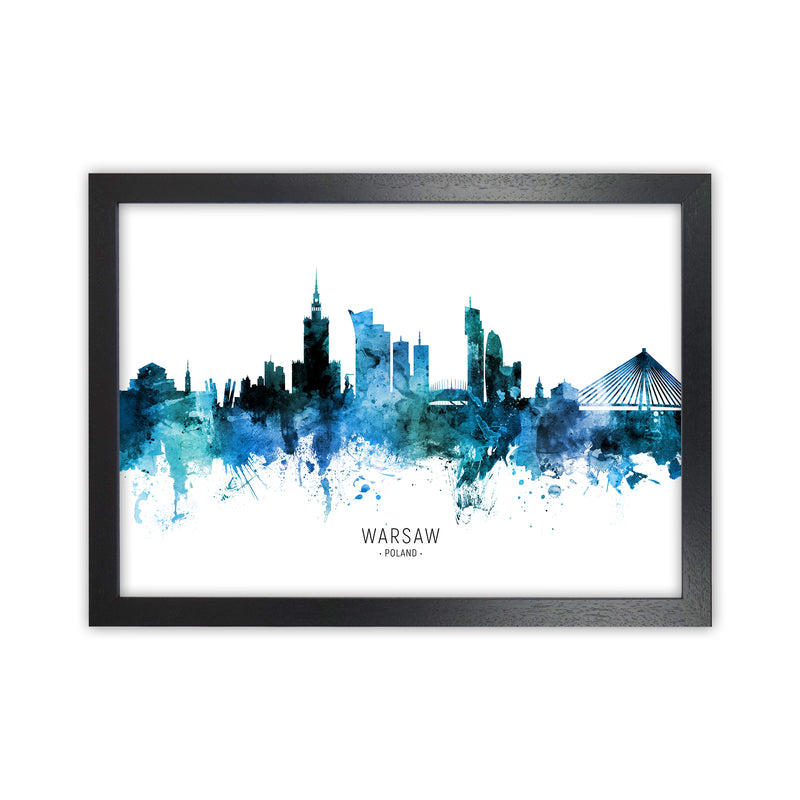 Warsaw Poland Skyline Blue City Name  by Michael Tompsett Black Grain